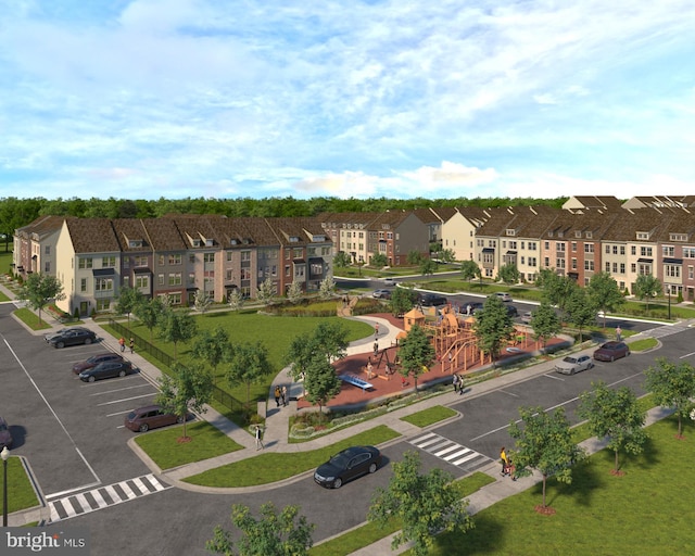 birds eye view of property with a residential view