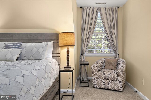 bedroom with carpet, visible vents, and baseboards