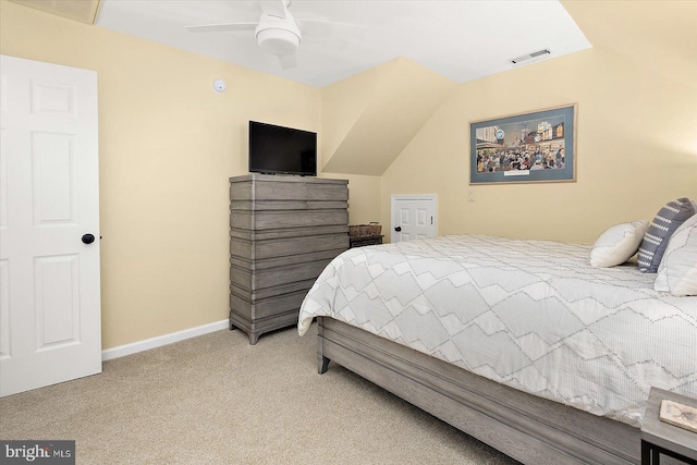 bedroom featuring visible vents, baseboards, carpet, and ceiling fan