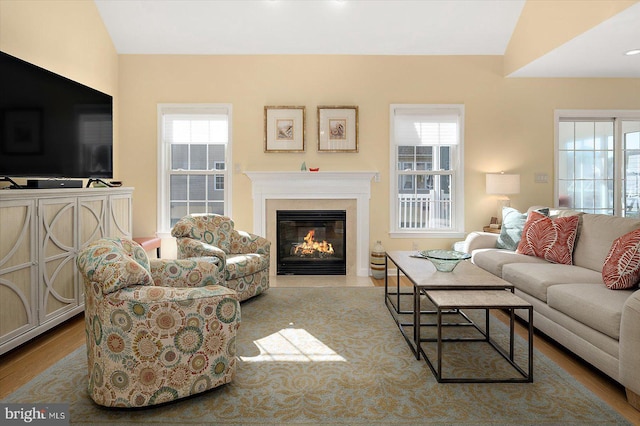 living area with vaulted ceiling, a fireplace with flush hearth, and wood finished floors