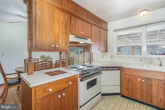 kitchen featuring under cabinet range hood, a sink, white appliances, brown cabinetry, and light countertops