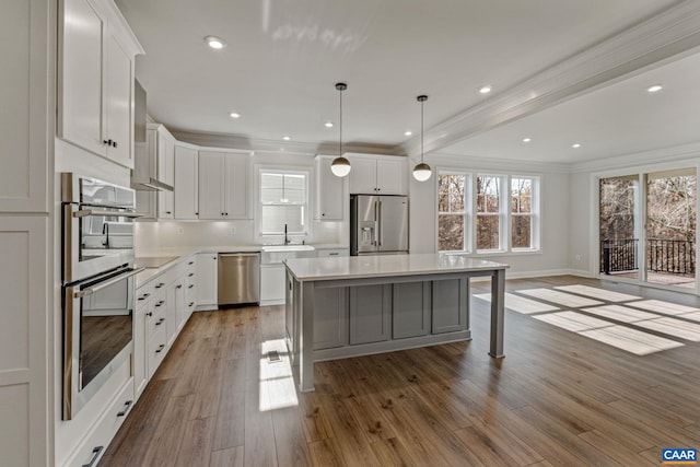 kitchen featuring wood finished floors, a sink, stainless steel appliances, light countertops, and white cabinets