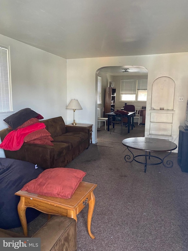 carpeted living room featuring arched walkways