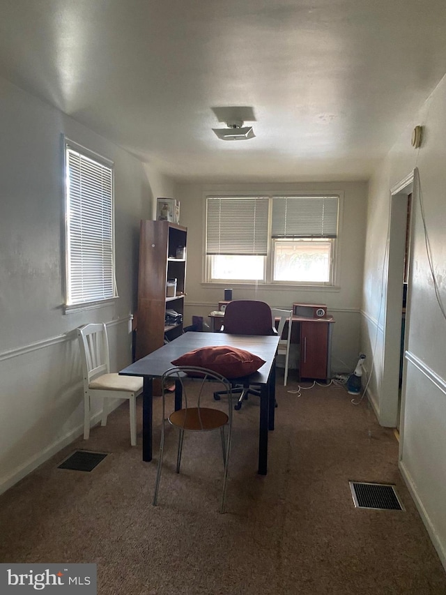 home office featuring visible vents, baseboards, and carpet flooring