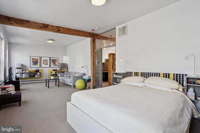 bedroom featuring visible vents, beam ceiling, carpet, and baseboard heating