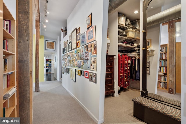 hallway featuring carpet flooring, track lighting, and baseboards