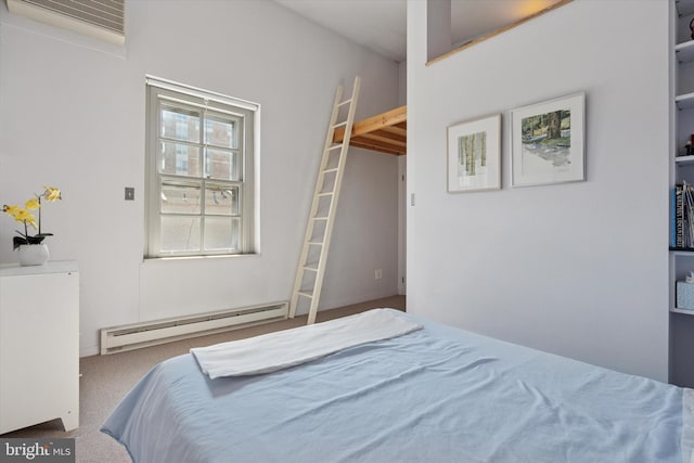 carpeted bedroom with a baseboard radiator