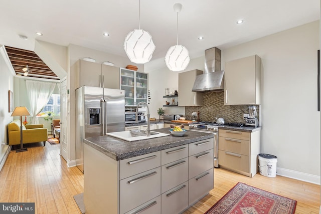 kitchen with light wood-type flooring, a sink, tasteful backsplash, stainless steel appliances, and wall chimney range hood