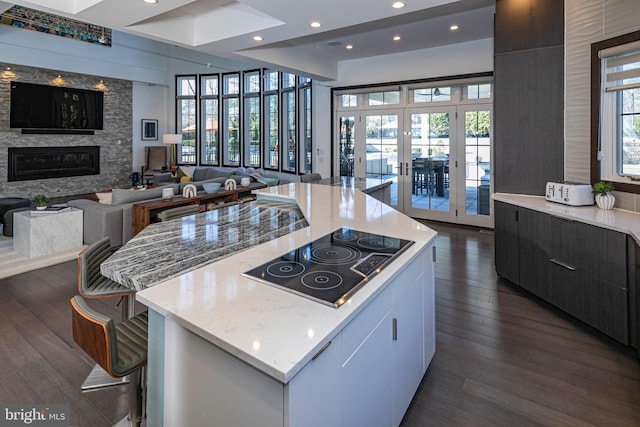 kitchen with modern cabinets, french doors, a fireplace, black electric stovetop, and dark wood-style flooring