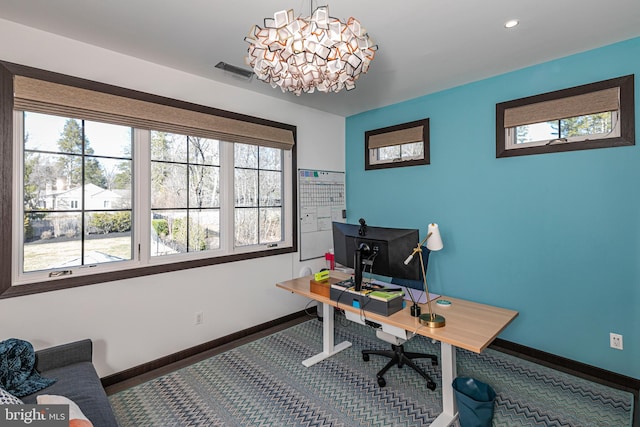 home office featuring recessed lighting, a notable chandelier, visible vents, and baseboards