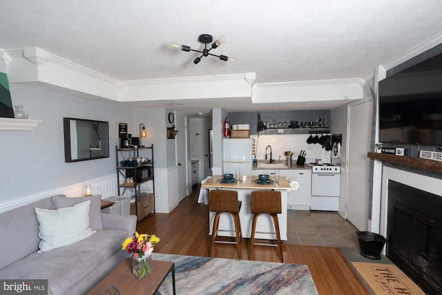 living area featuring a fireplace with flush hearth, wainscoting, a textured ceiling, and dark wood-type flooring