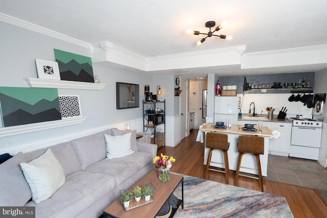 living room featuring wainscoting, dark wood-type flooring, and ornamental molding