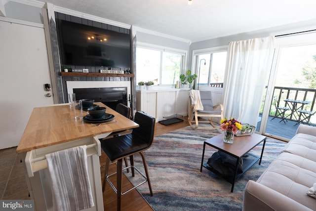 living area with a large fireplace, wood finished floors, and crown molding