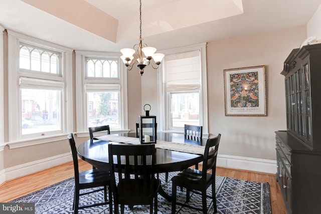 dining area featuring a tray ceiling, wood finished floors, and baseboards