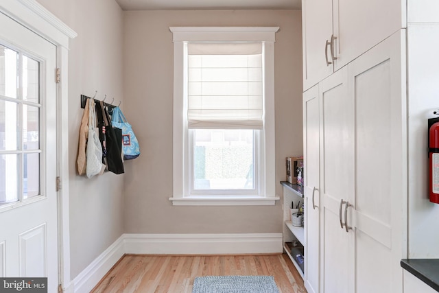 interior space featuring baseboards and light wood finished floors