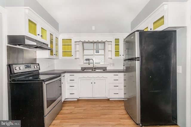 kitchen featuring light wood-style flooring, a sink, under cabinet range hood, dark countertops, and appliances with stainless steel finishes