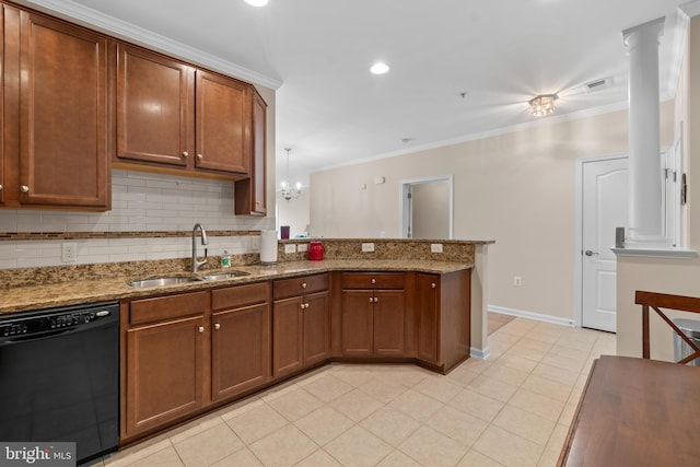 kitchen featuring ornamental molding, a sink, tasteful backsplash, black dishwasher, and a peninsula