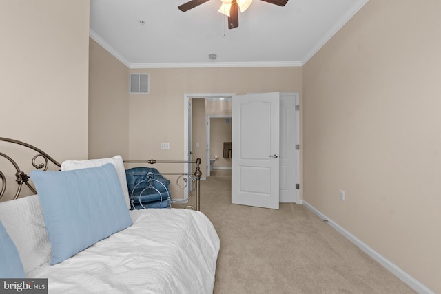 bedroom featuring light carpet, visible vents, crown molding, and baseboards