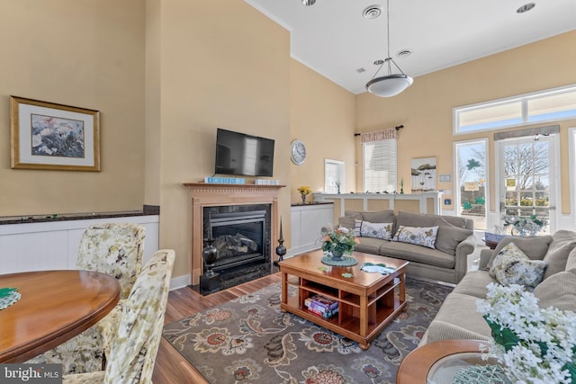 living room with visible vents, a high ceiling, wood finished floors, and a fireplace