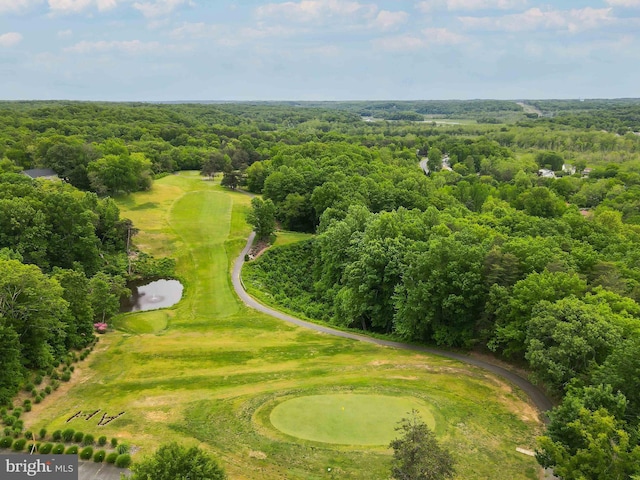 bird's eye view with a wooded view