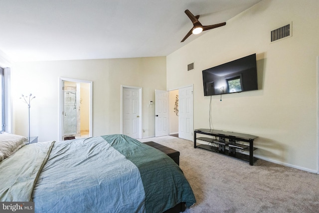 carpeted bedroom with connected bathroom, baseboards, visible vents, and ceiling fan