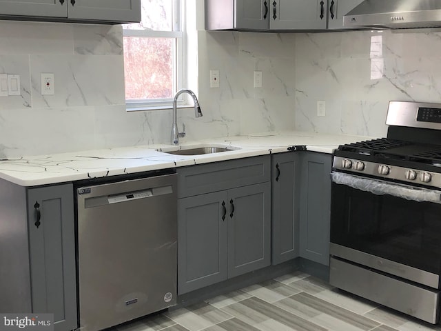 kitchen featuring tasteful backsplash, gray cabinetry, wall chimney range hood, stainless steel appliances, and a sink