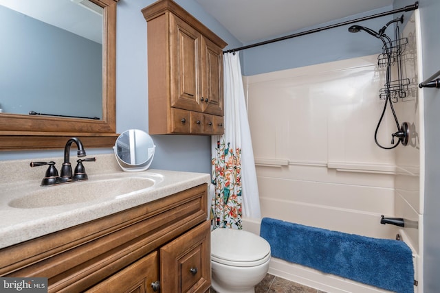 full bath with shower / bathtub combination with curtain, toilet, and vanity