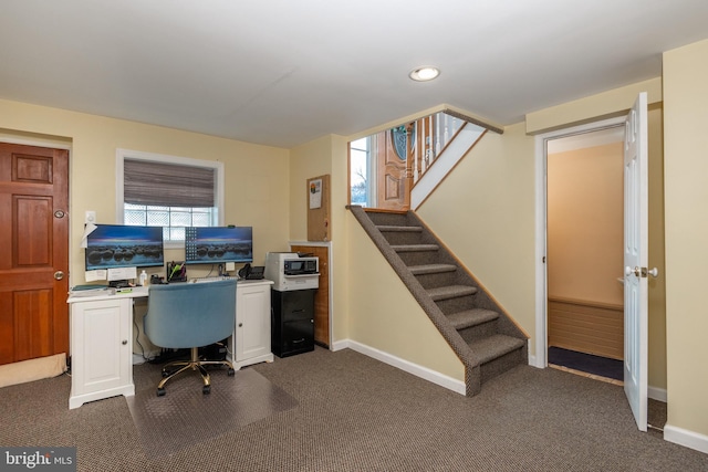 office area with recessed lighting, baseboards, and dark carpet