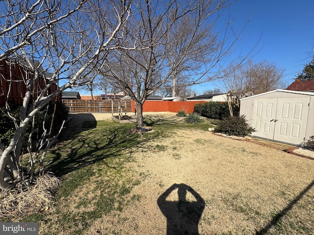 view of yard featuring a storage unit, a fenced backyard, and an outdoor structure