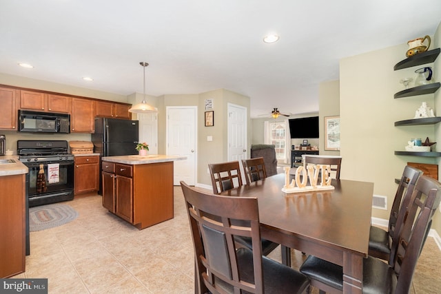 dining area featuring a ceiling fan, visible vents, baseboards, light tile patterned flooring, and recessed lighting