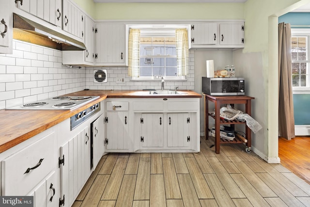 kitchen featuring under cabinet range hood, stainless steel microwave, light wood-type flooring, and wood counters