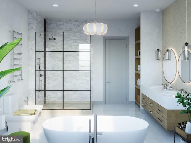 bathroom featuring recessed lighting, a freestanding bath, vanity, and a walk in shower