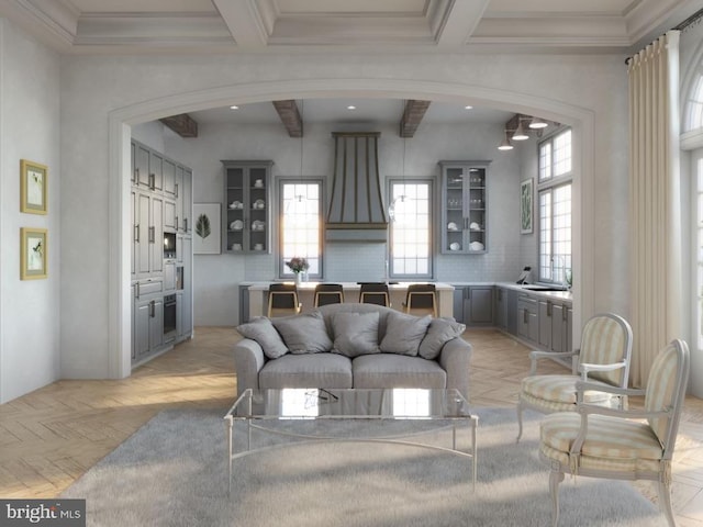 living area featuring beam ceiling, recessed lighting, and crown molding