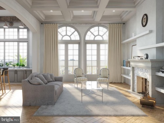 sitting room with beamed ceiling, a high ceiling, crown molding, and coffered ceiling