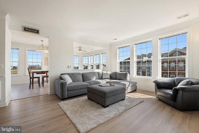 living area featuring crown molding, light wood-style flooring, and visible vents