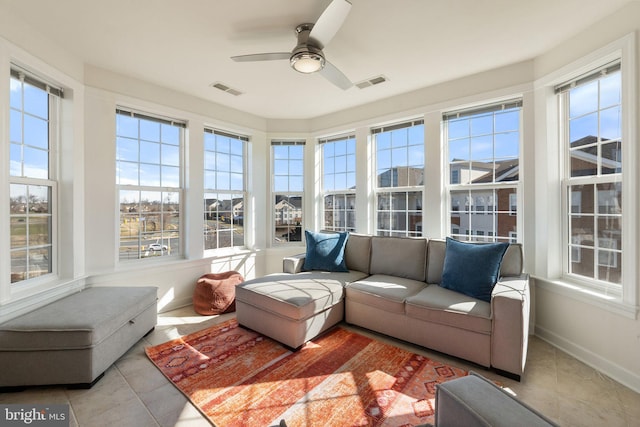 sunroom with a wealth of natural light, visible vents, and ceiling fan