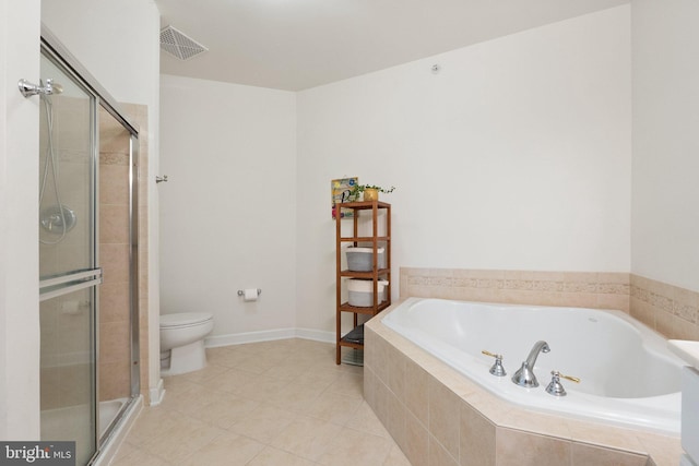 full bath with tile patterned flooring, visible vents, a shower stall, toilet, and a garden tub