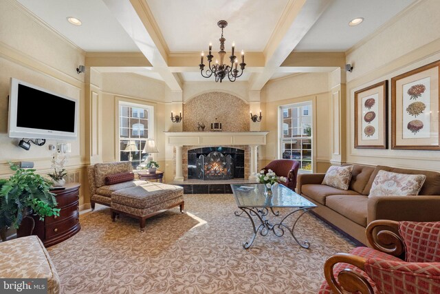 living area with beam ceiling, a notable chandelier, coffered ceiling, a fireplace, and crown molding