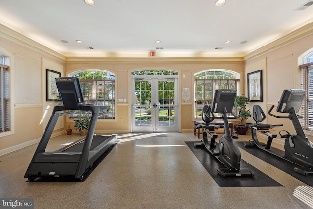 gym with recessed lighting, french doors, visible vents, and baseboards