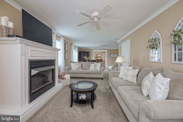 carpeted living area featuring a fireplace with raised hearth, crown molding, and a ceiling fan