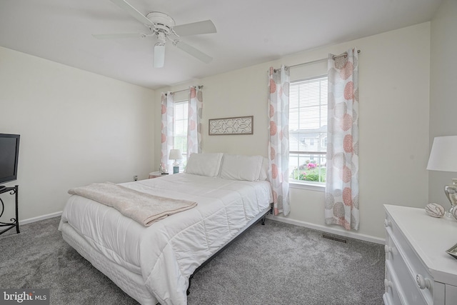 bedroom featuring visible vents, multiple windows, and carpet