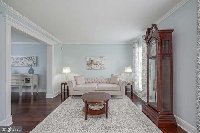 living area featuring baseboards, dark wood-type flooring, and crown molding