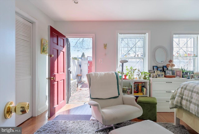 bedroom with multiple windows, access to exterior, and light wood finished floors