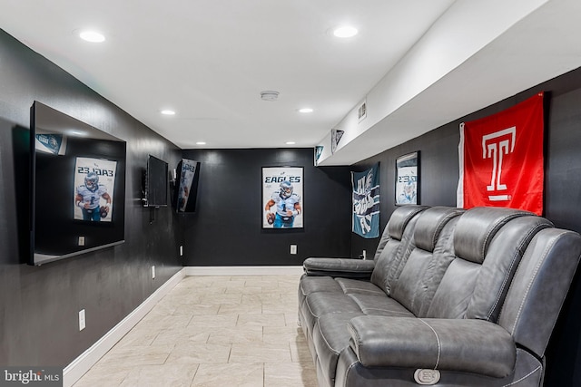 home theater featuring recessed lighting, visible vents, and baseboards