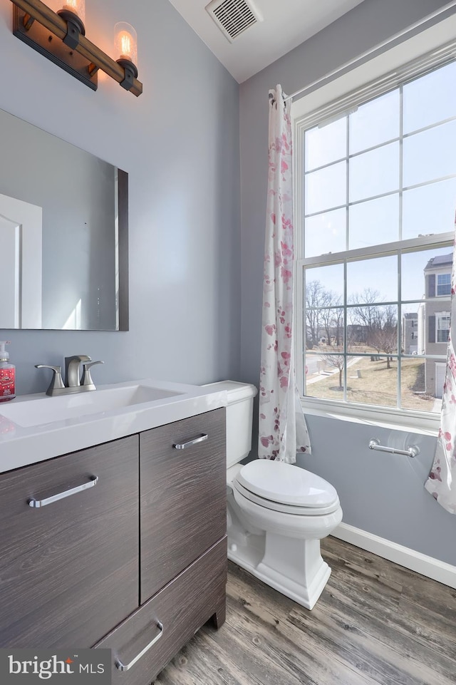 bathroom featuring vanity, plenty of natural light, wood finished floors, and visible vents