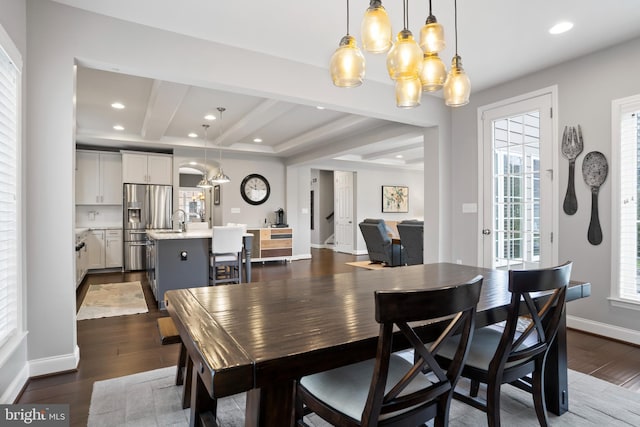 528 Shaw St, Mechanicsburg, PA 17050 - dining room featuring dark wood-style flooring, baseboards, recessed lighting, beam ceiling, and a chandelier