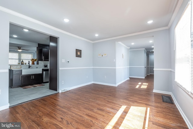 spare room featuring ornamental molding, a sink, wood finished floors, baseboards, and ceiling fan