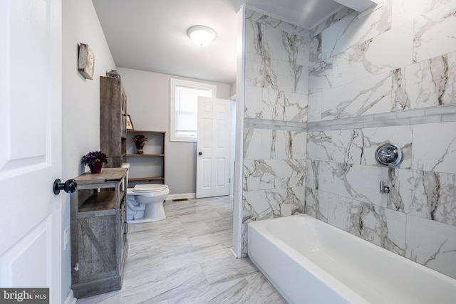 full bath featuring toilet, a shower, marble finish floor, and a bathing tub