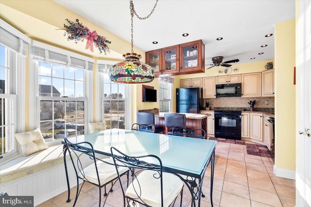 dining area featuring light tile patterned floors, recessed lighting, and ceiling fan