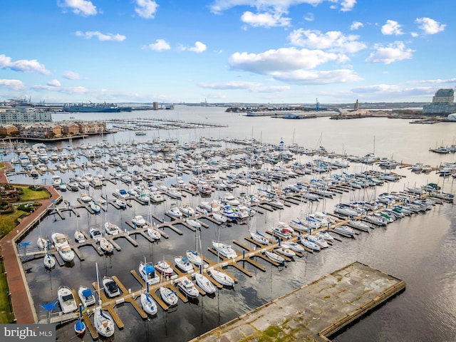 drone / aerial view featuring a water view